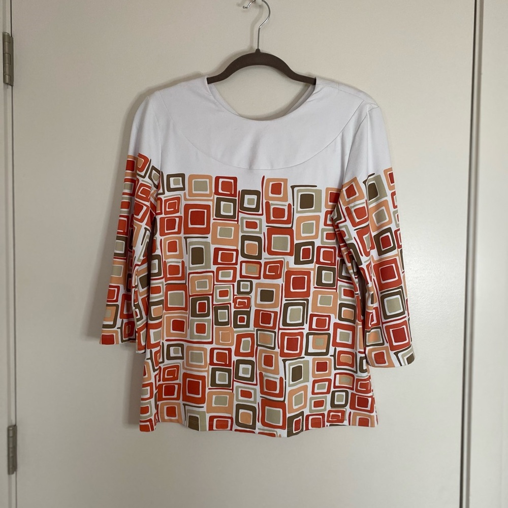 J. McLaughlin White and Orange Boxy 3/4 Sleeve Blouse - Size M